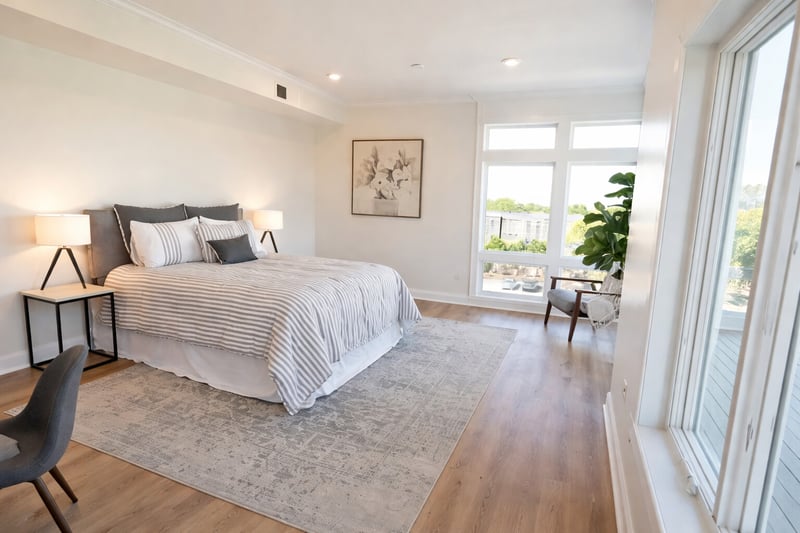 Bright, modern bedroom with neutral tones, large windows, and hardwood floors, located in Roslindale, MA luxury condo