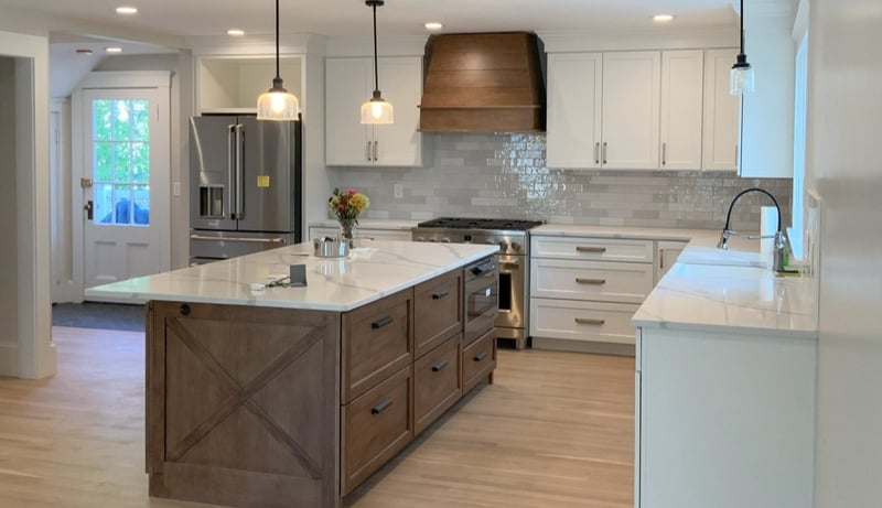 rustic wood and white kitchen with island and pendant lights in Greater Boston, MA by Honorato Company-1-1