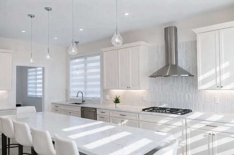 Modern white kitchen with large island, pendant lights, and sleek finishes in Greater Boston home