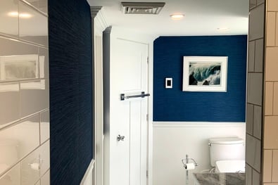 View of two tone bathroom remodel in Greater Boston, MA by Honorato Company