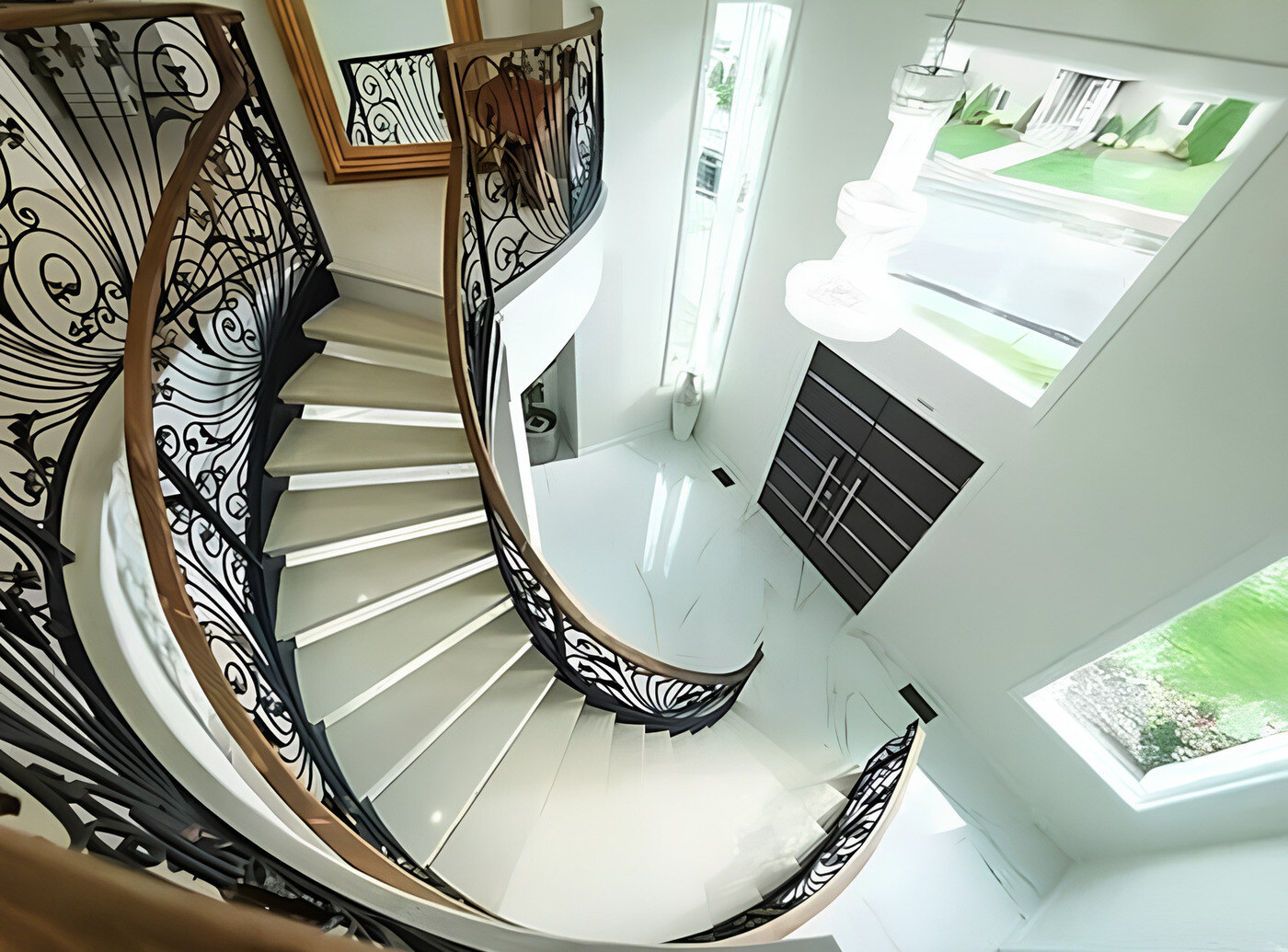 Spiral staircase with custom iron railing in custom home in Boston, MA by Honorato Company
