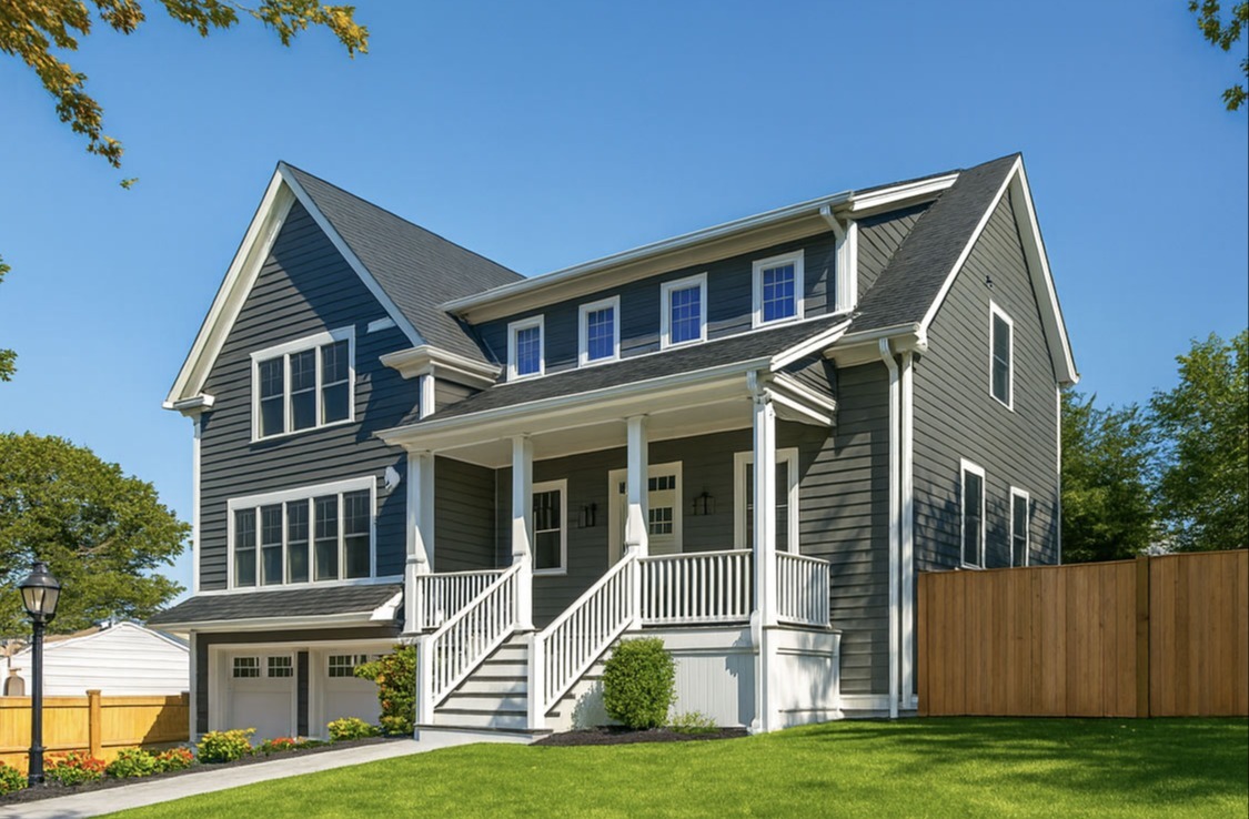 Modern gray two-story home with front porch and dormer windows in Greater Boston