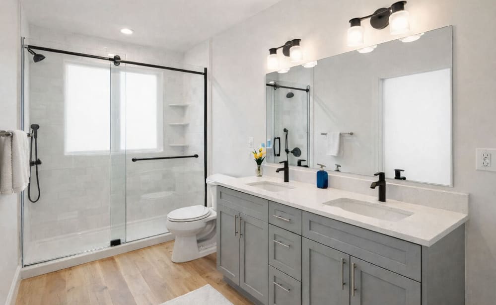 Modern bathroom with double vanity, gray cabinets, glass shower, and white tile, located in the Greater Boston area-2 (1)